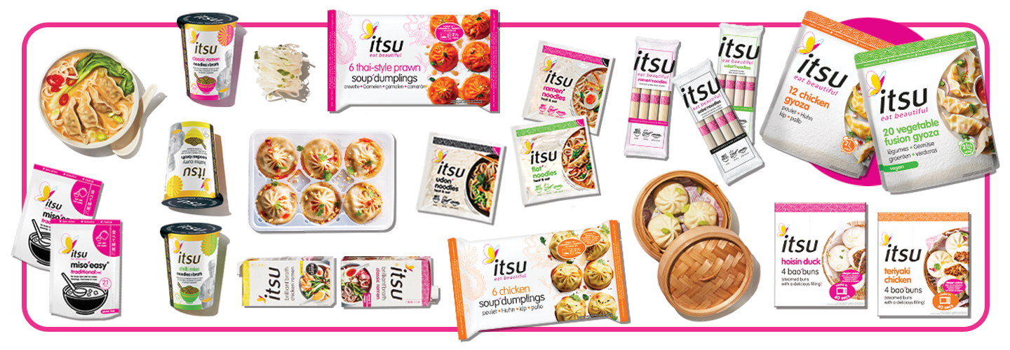 A wide assortment of Itsu packaged food products including noodles, gyoza, dumplings, and soups.