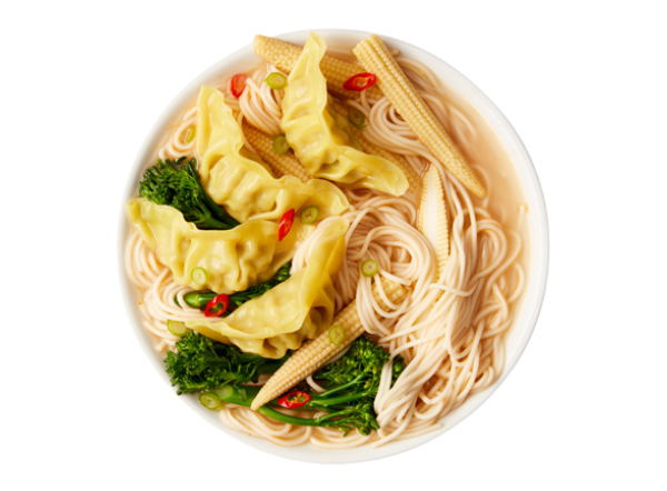 A vibrant bowl of noodle soup with dumplings, broccoli, baby corn, and red chilies.