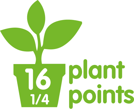 Green plant sprout in a pot with the text '16 plant points' and '1/4'.