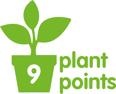 Green potted plant logo with '9 plant points' text, symbolizing rewards or growth.