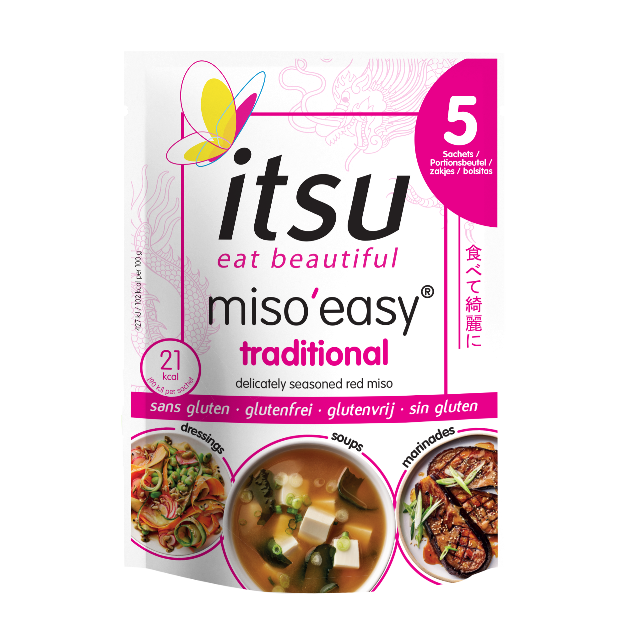 Itsu miso'easy traditional red miso sachets, gluten-free and keto-friendly.