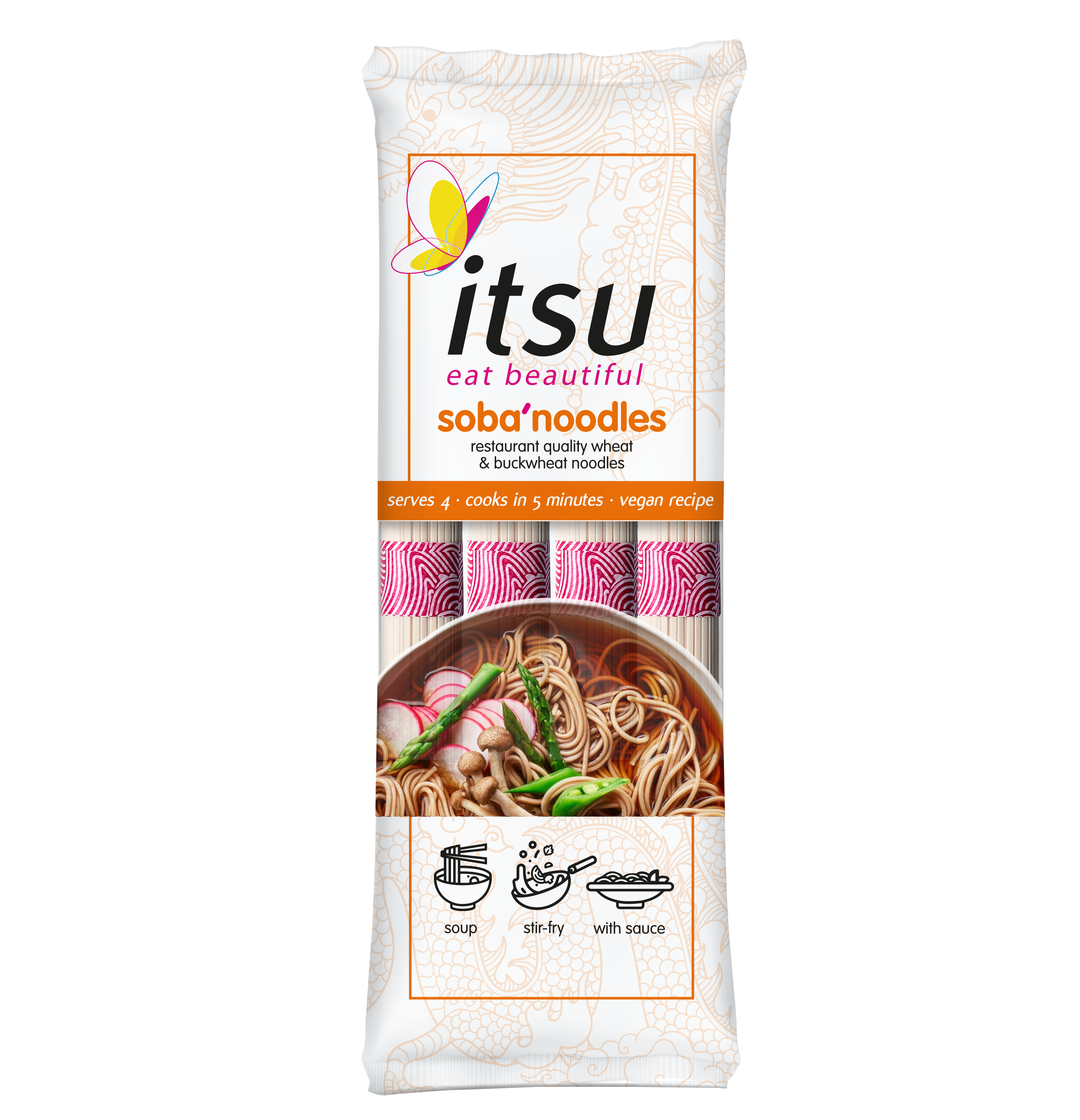 Itsu soba noodles package featuring prepared noodles in a bowl.