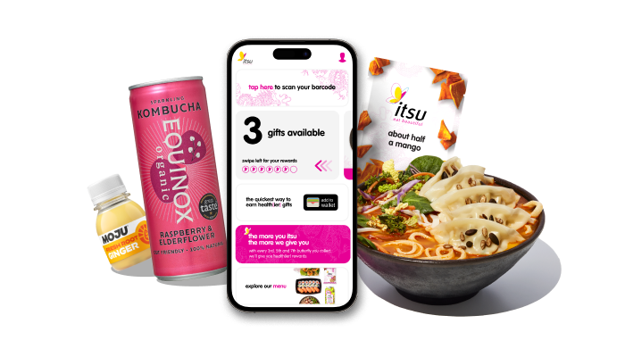 Phone screen shows 3 gifts available and a bowl of itsu ramen with dumplings.
