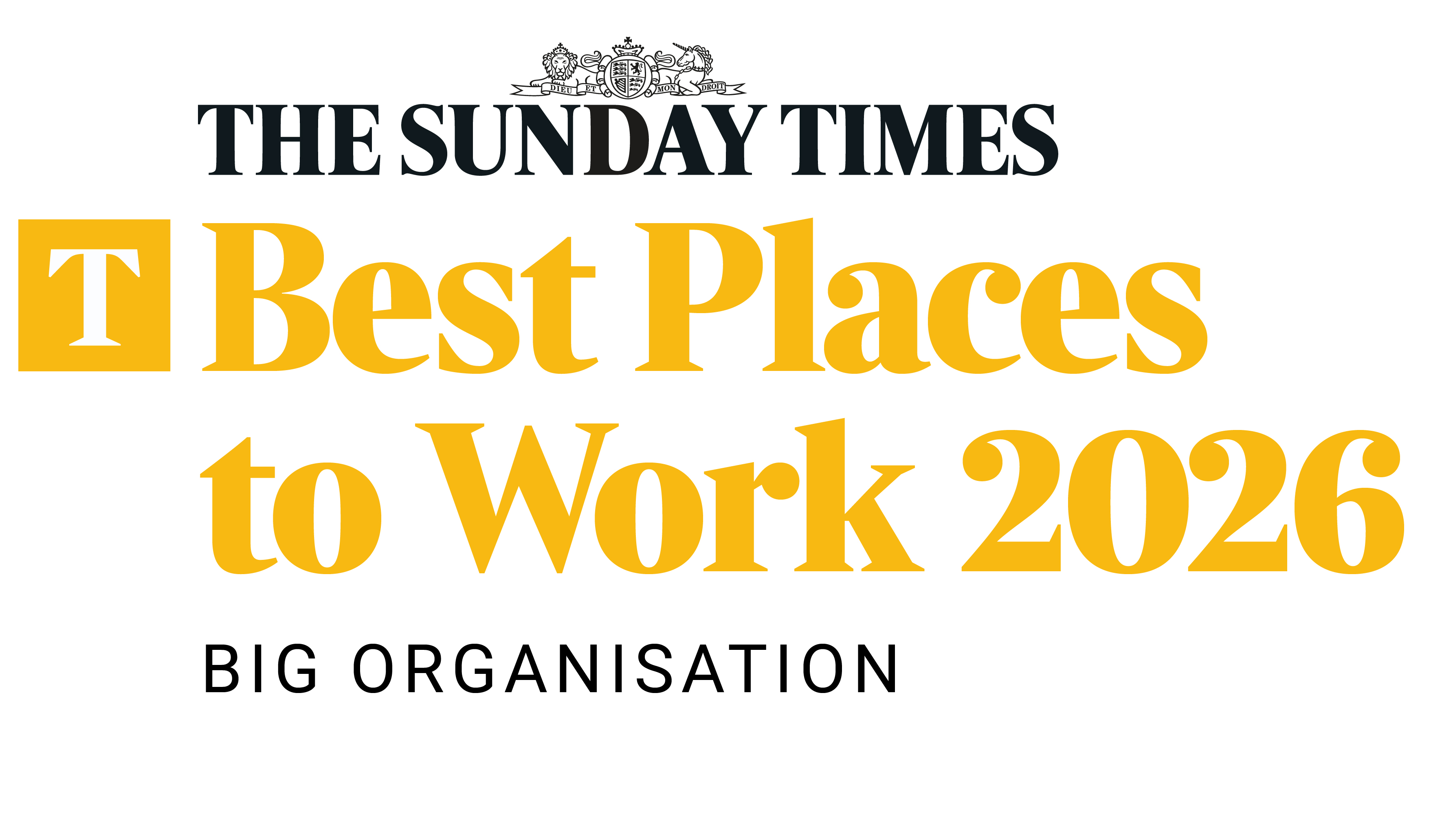 The Sunday Times Best Places to Work 2026 BIG ORGANISATION award logo.