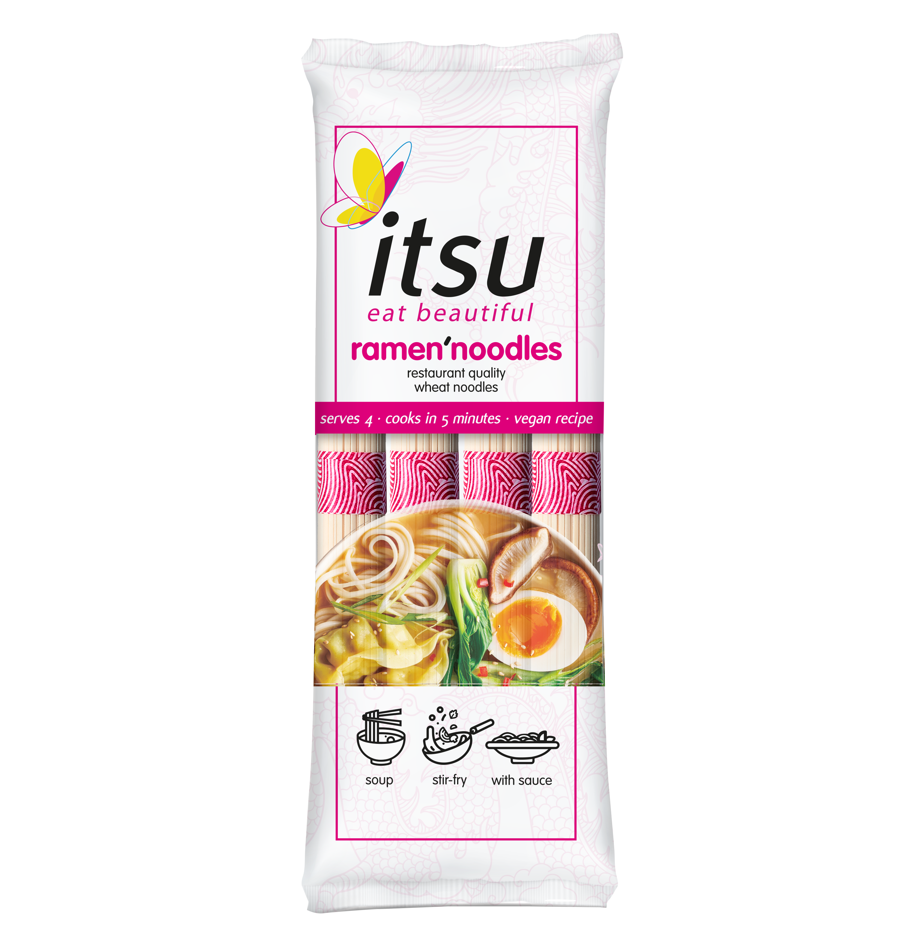 itsu ramen noodles package with prepared ramen dish and pink accents.