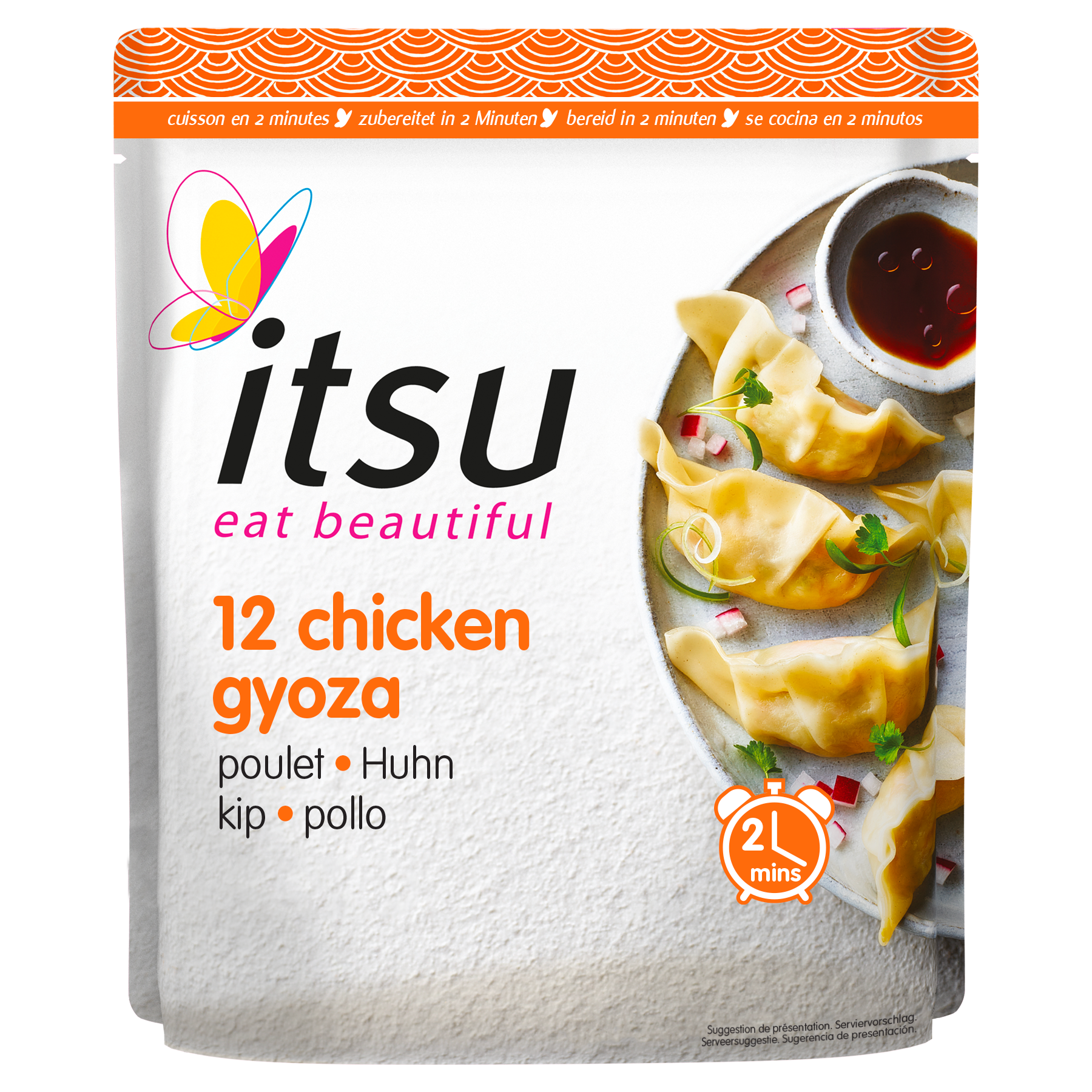 Itsu 12 chicken gyoza packaging with cooked dumplings and a small bowl of dipping sauce.