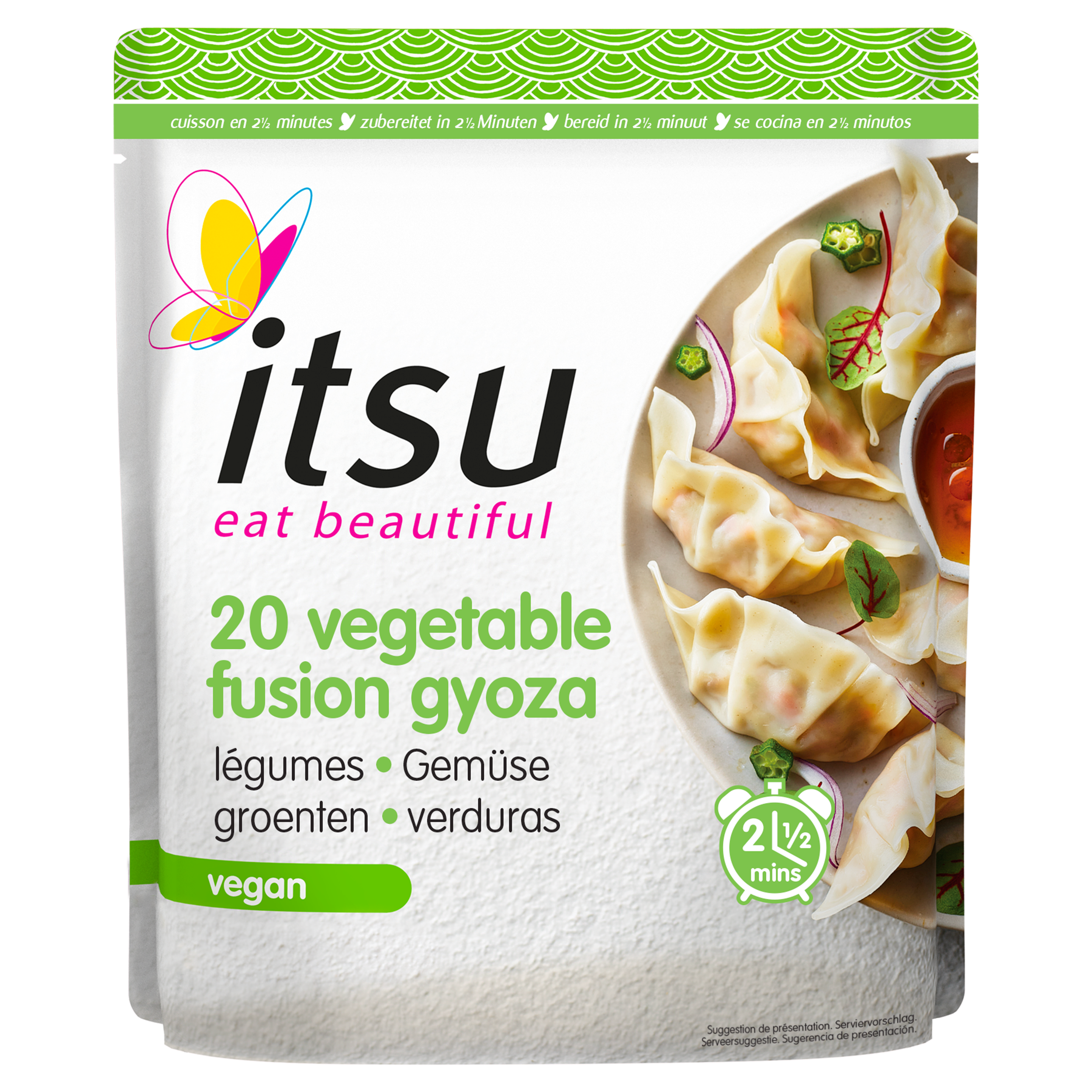 Itsu 20 Vegetable Fusion Gyoza package showing cooked dumplings with dipping sauce.