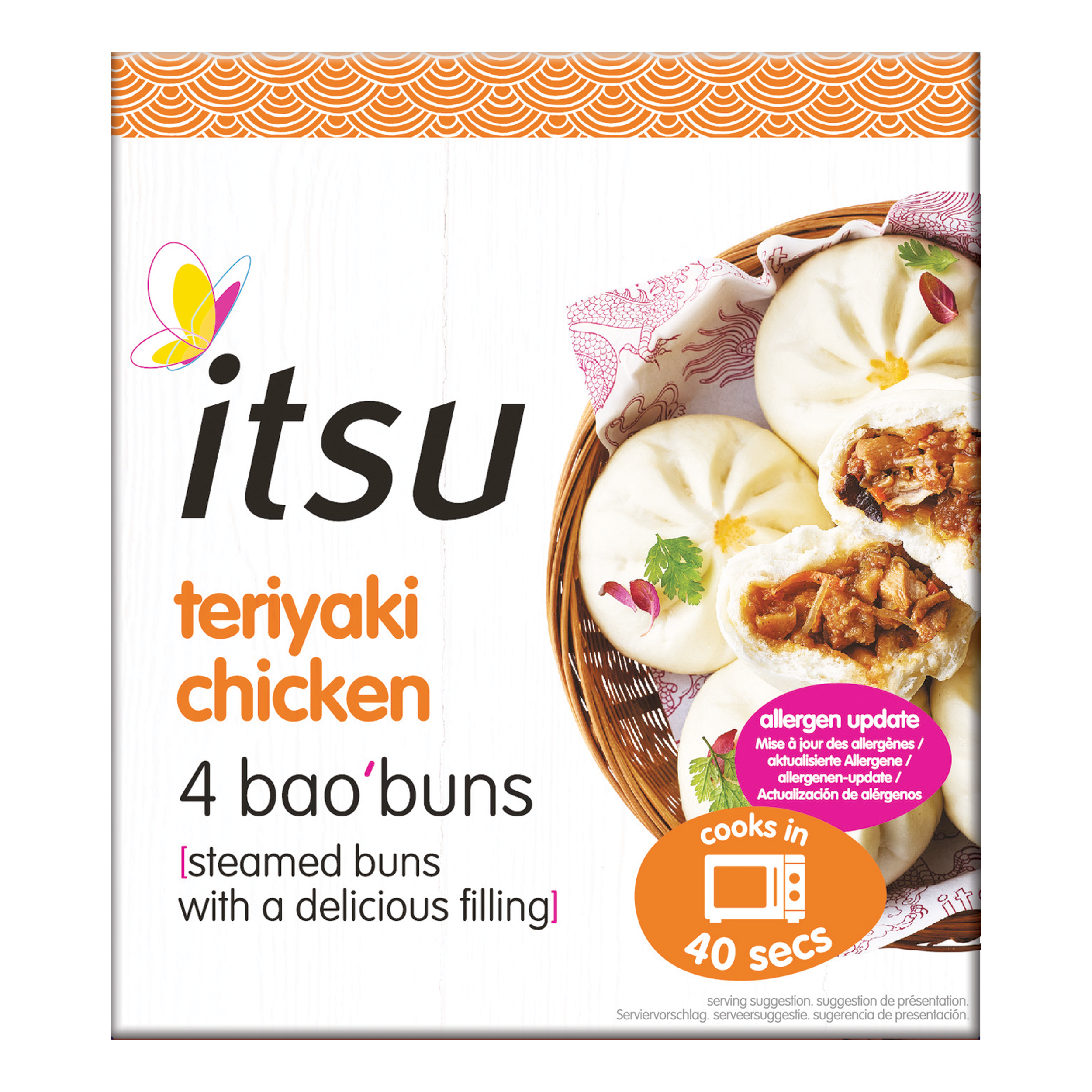 Itsu Teriyaki Chicken 4 Bao'buns package featuring steamed buns in a basket.