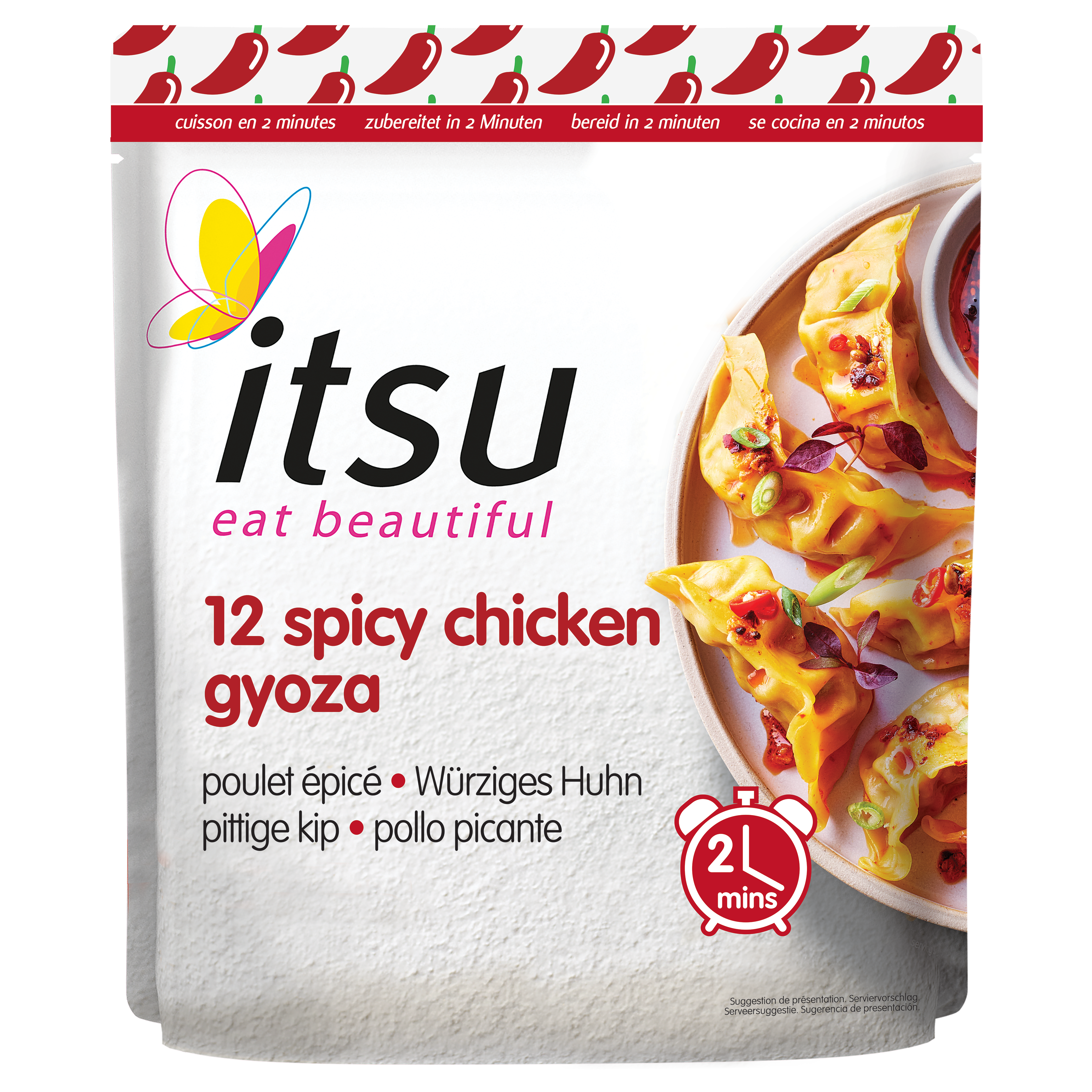 Itsu 12 Spicy Chicken Gyoza package with cooked dumplings and chili design.