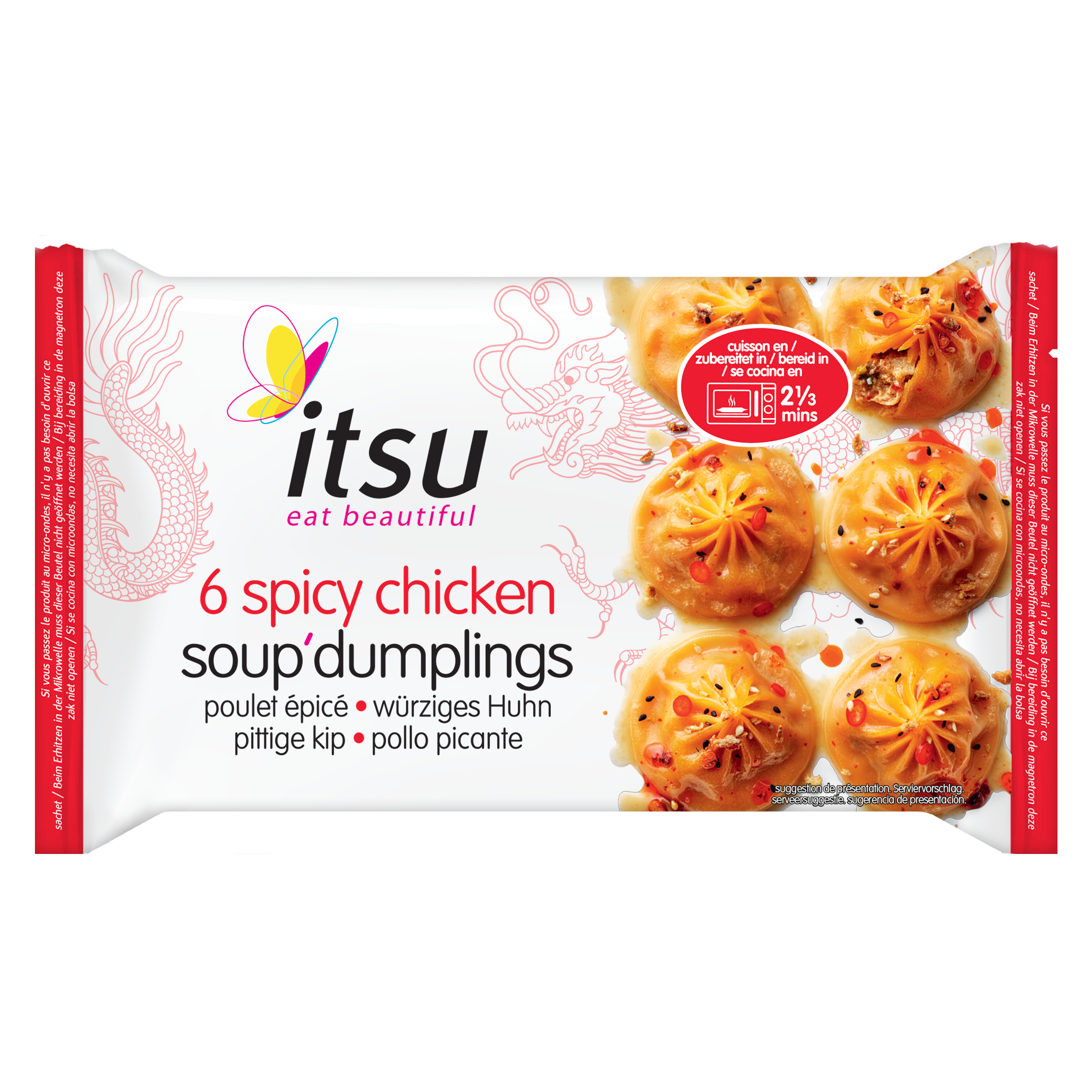 Itsu brand packaging for six spicy chicken soup dumplings, featuring prepared dumplings.
