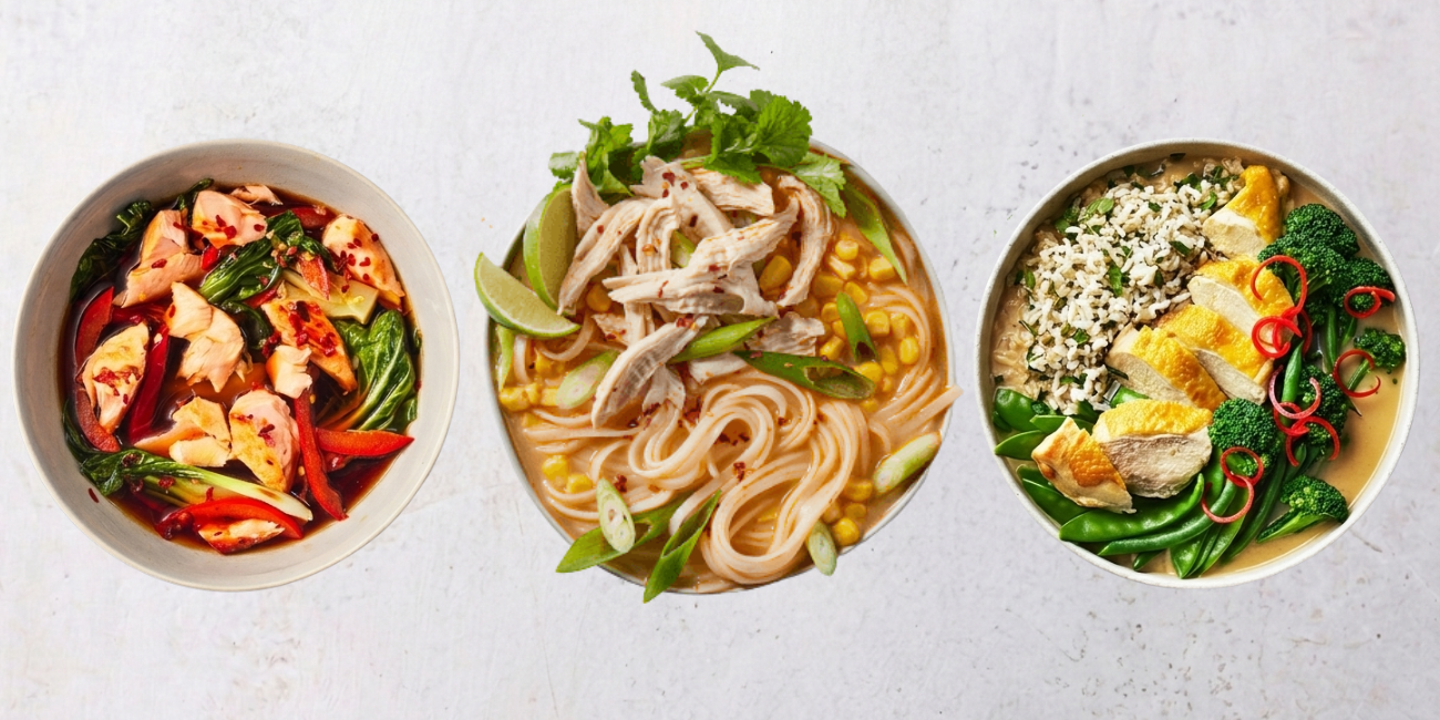 Three vibrant bowls of Asian-inspired chicken dishes, including noodles and vegetables.