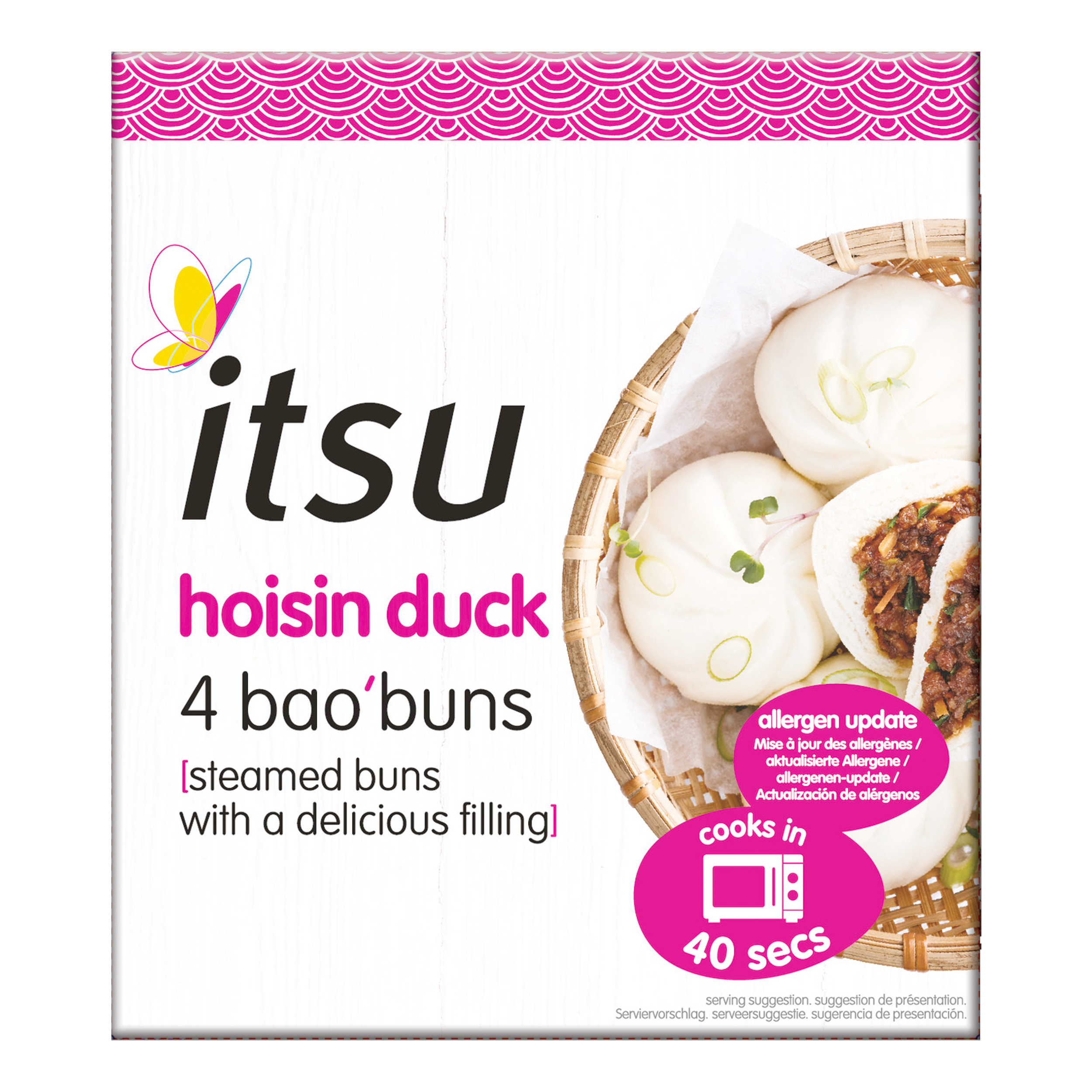 itsu hoisin duck 4 bao'buns product packaging with prepared steamed buns shown.
