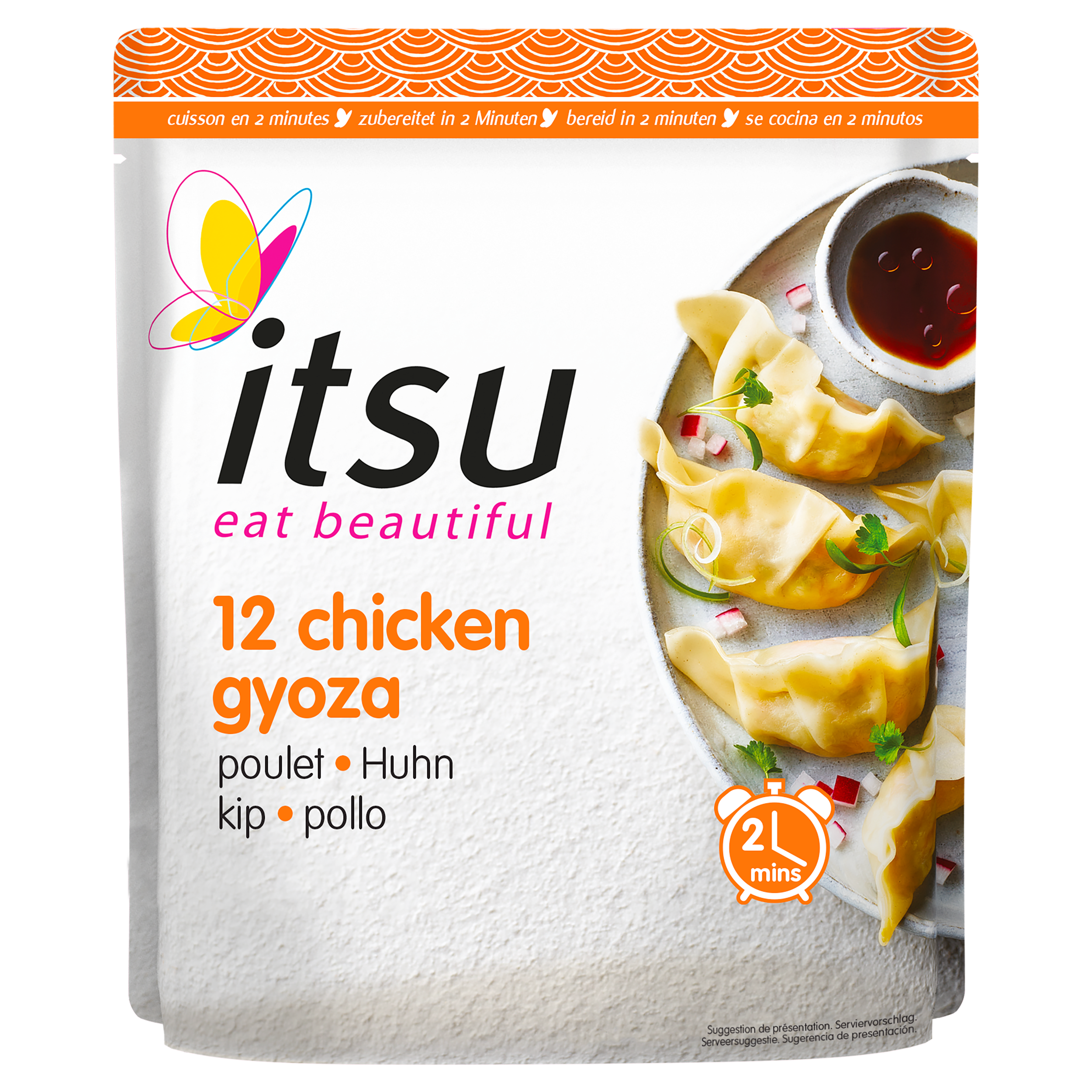 Itsu 12 chicken gyoza package showing cooked dumplings and dipping sauce on the front.