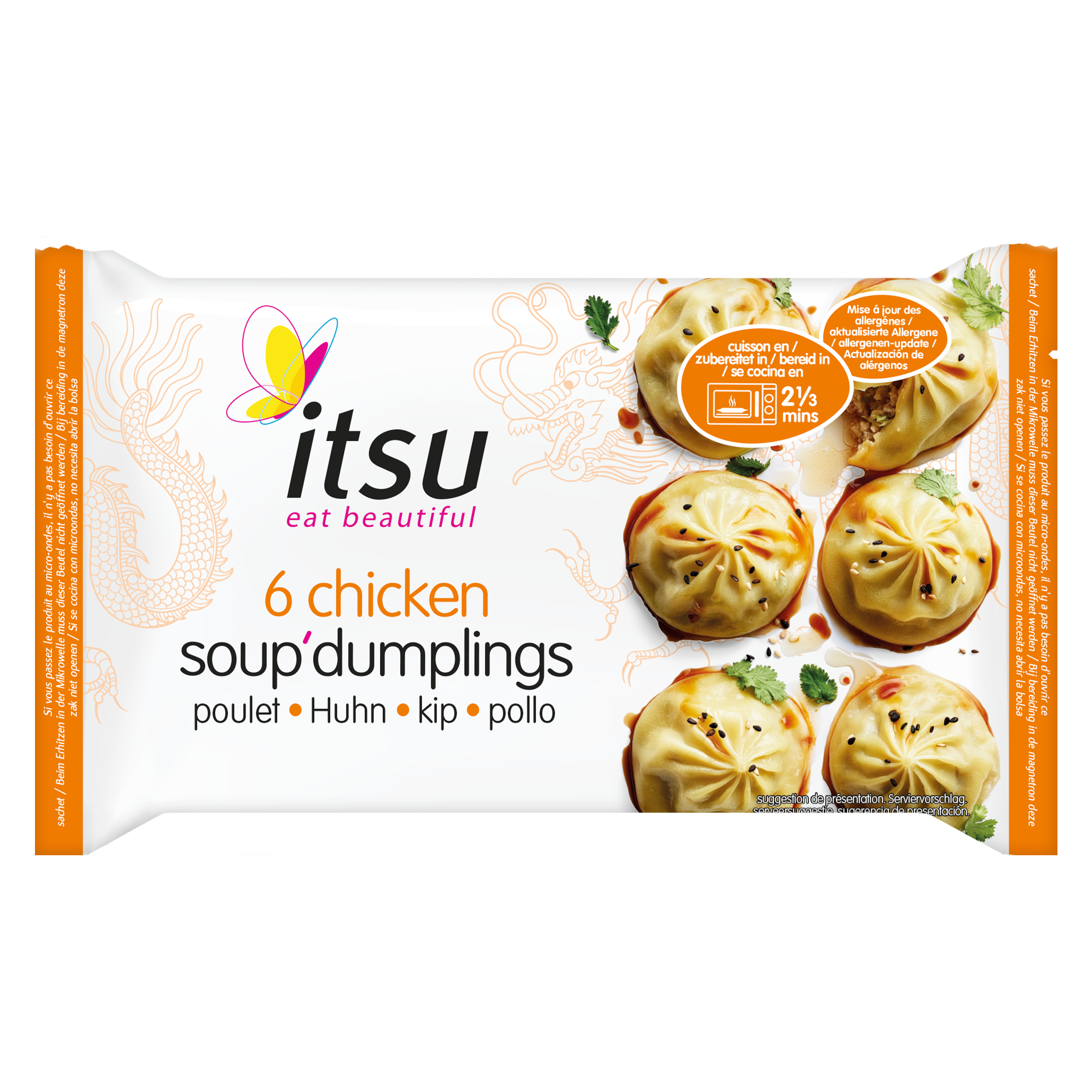 Itsu 6 chicken soup dumplings package, displaying four cooked dumplings with herbs.