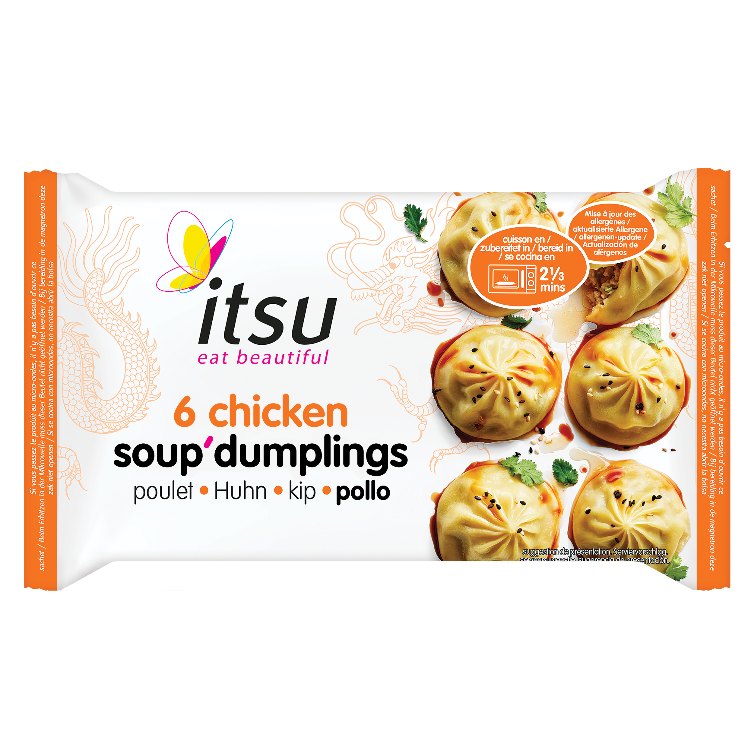 itsu 6 chicken soup dumplings package with cooked dumplings on a white and orange wrapper.