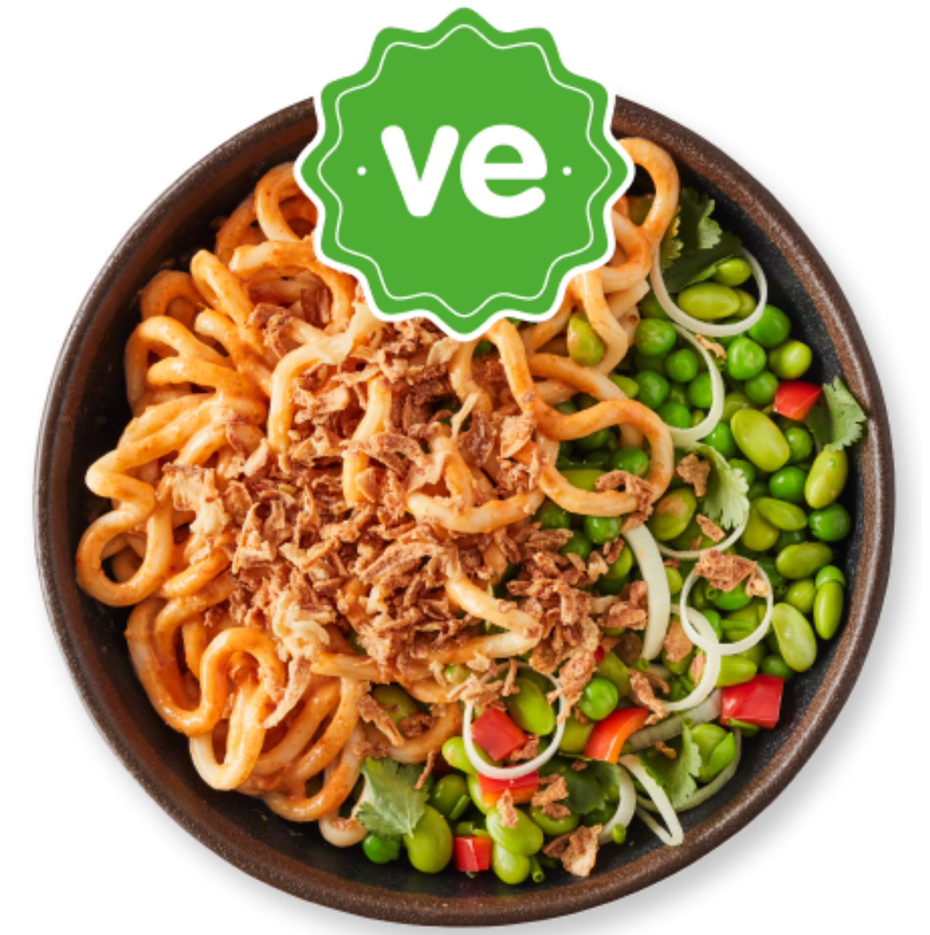 Bowl of udon noodles with crispy onions, edamame, peppers, and onions, marked 've'.
