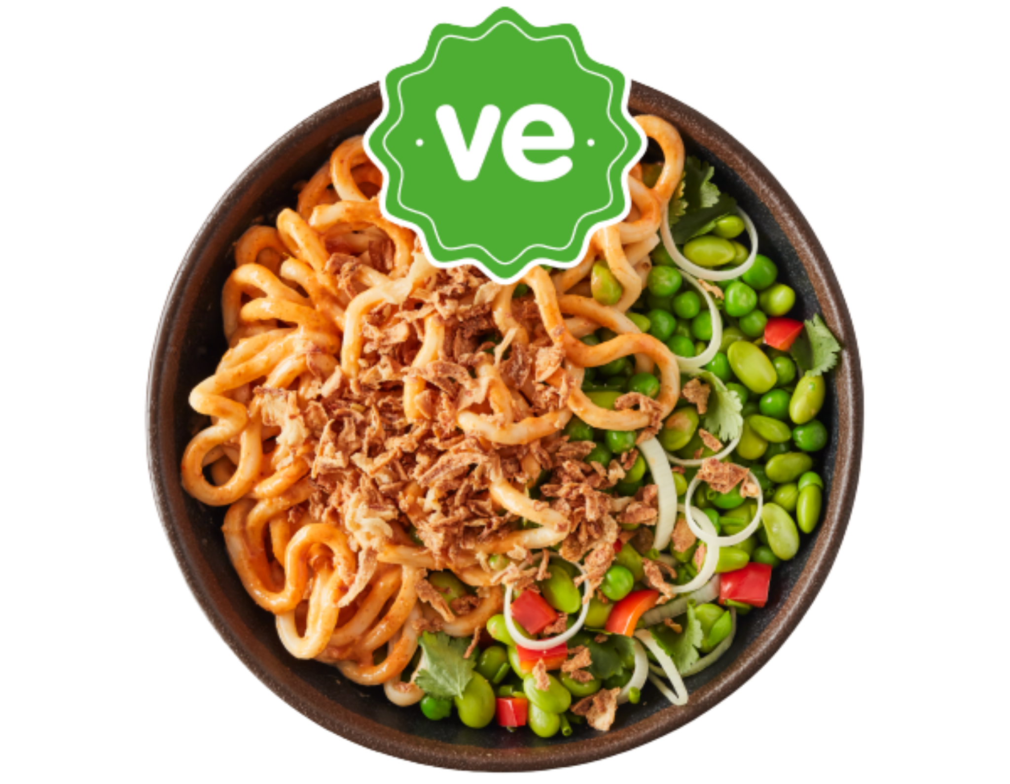 Bowl of curly noodles, edamame, bell peppers, and onions, with a prominent green 've' badge.