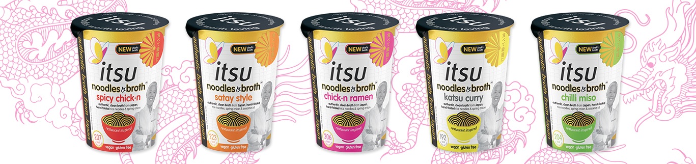 A row of five Itsu instant noodle broth cups in assorted colors and flavors.