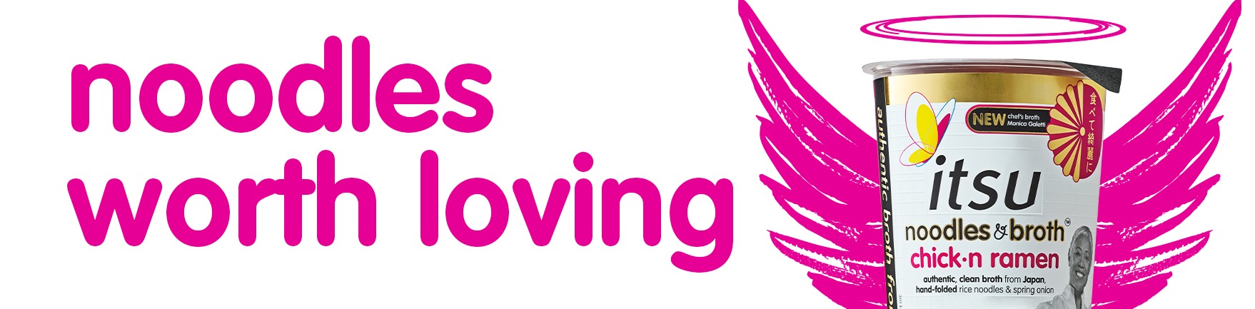 Itsu chick'n ramen cup, pink wings, halo, and 'noodles worth loving' slogan.