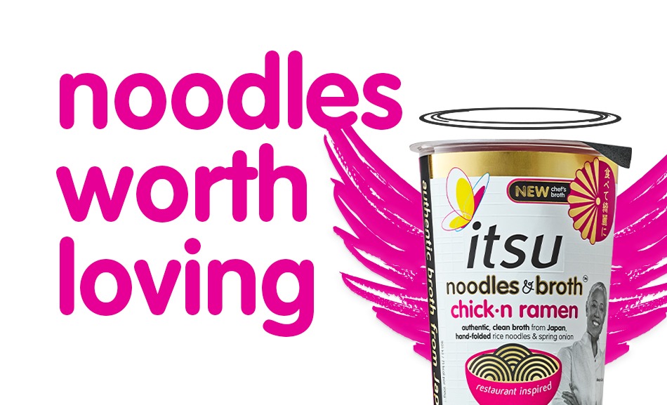 Itsu chick-n ramen cup with pink angel wings and text 'noodles worth loving'.