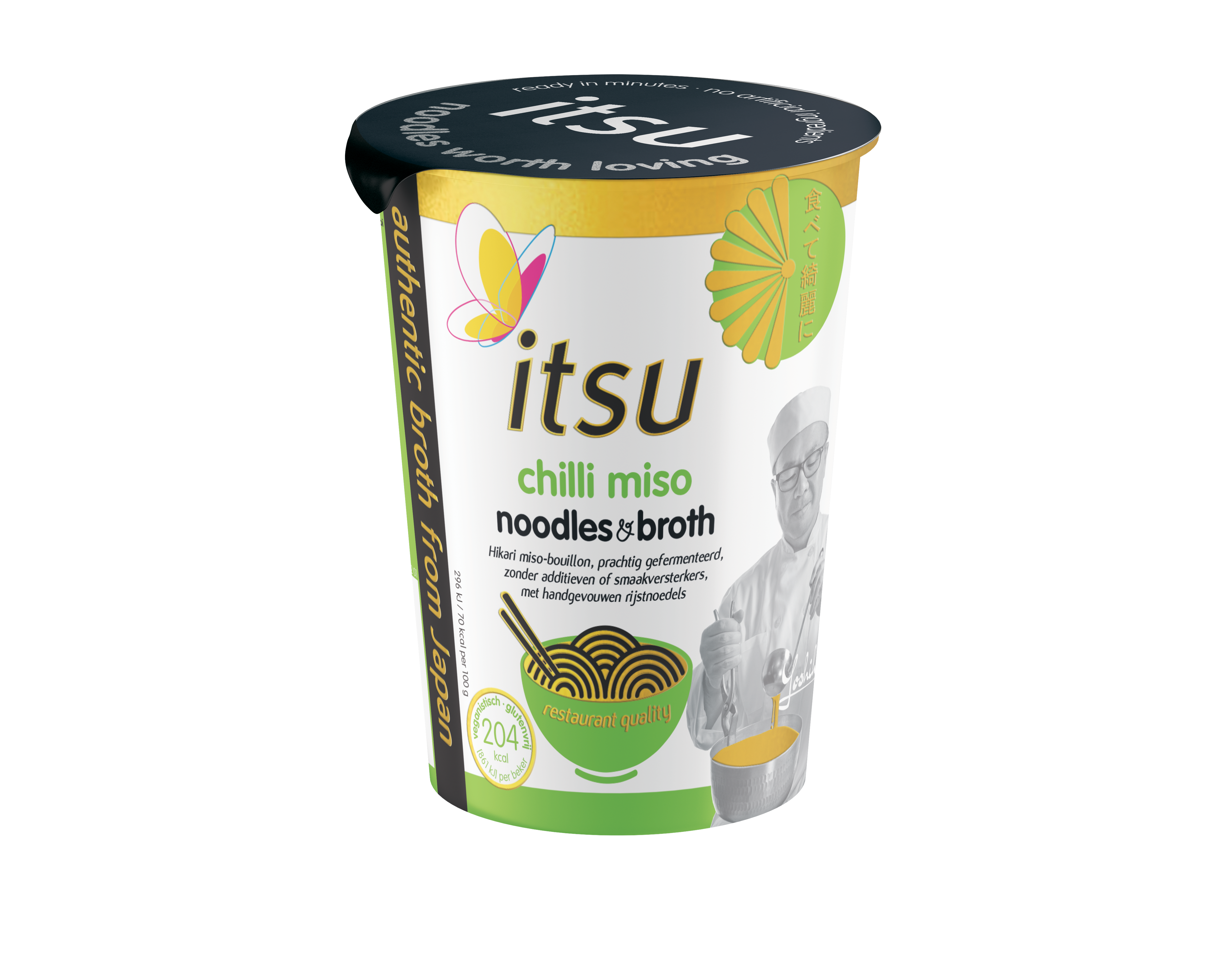 An Itsu chilli miso noodles and broth instant cup on a black background.