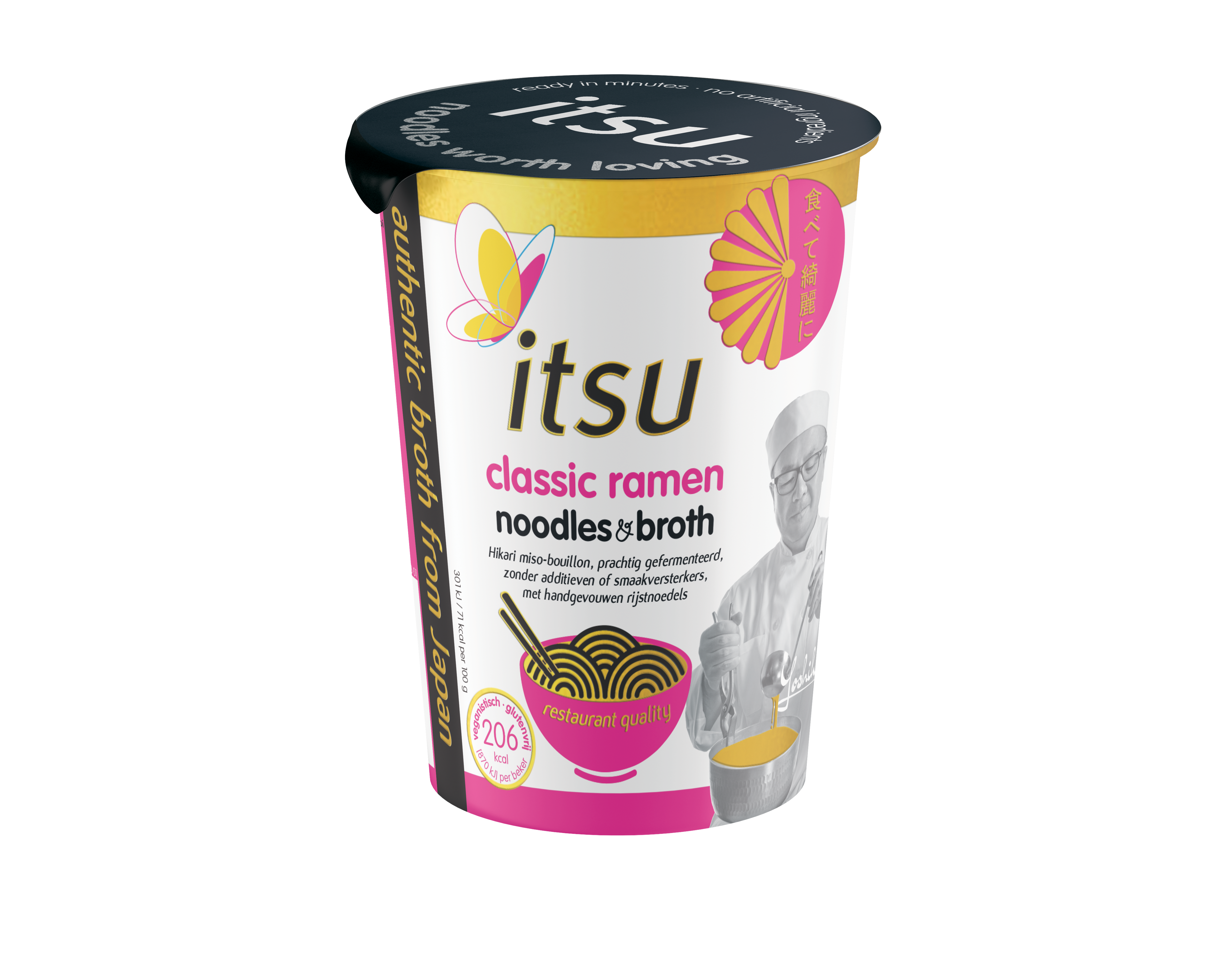 Itsu classic ramen noodles and broth cup with distinctive packaging.
