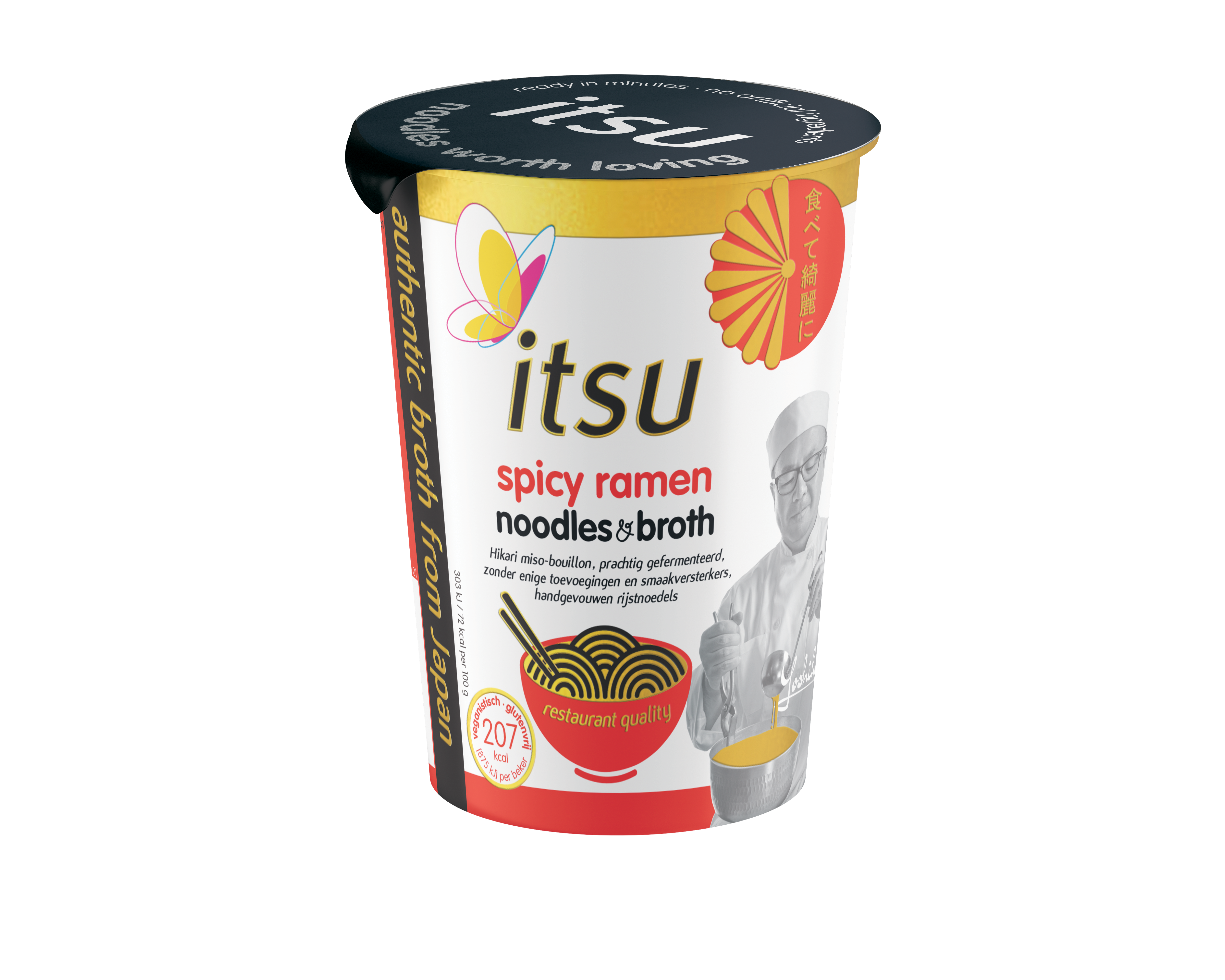 Itsu spicy ramen noodles and broth cup with a butterfly logo and Asian-inspired design.