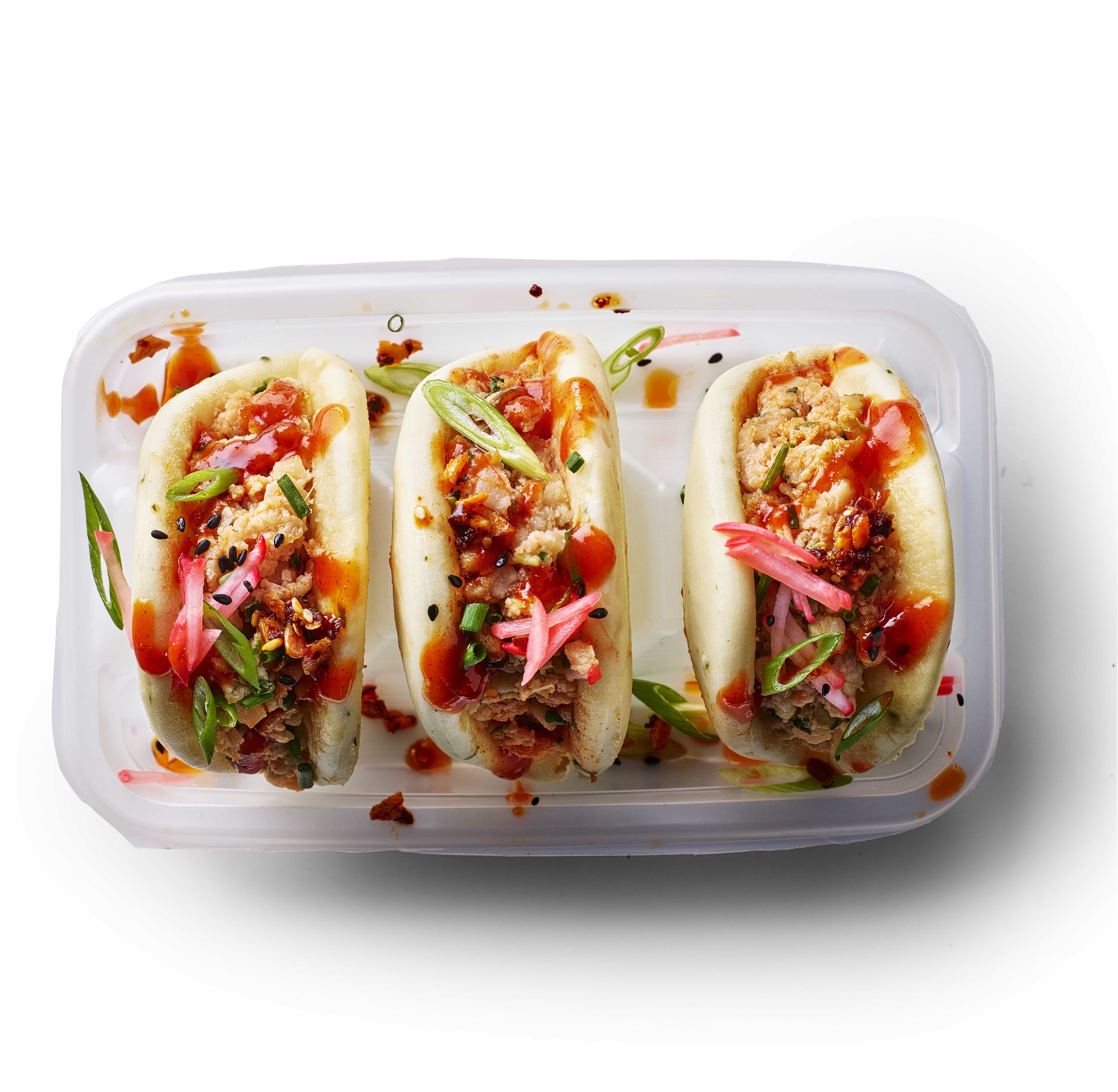 prawn bao'sliders with a sweet spicy drizzle