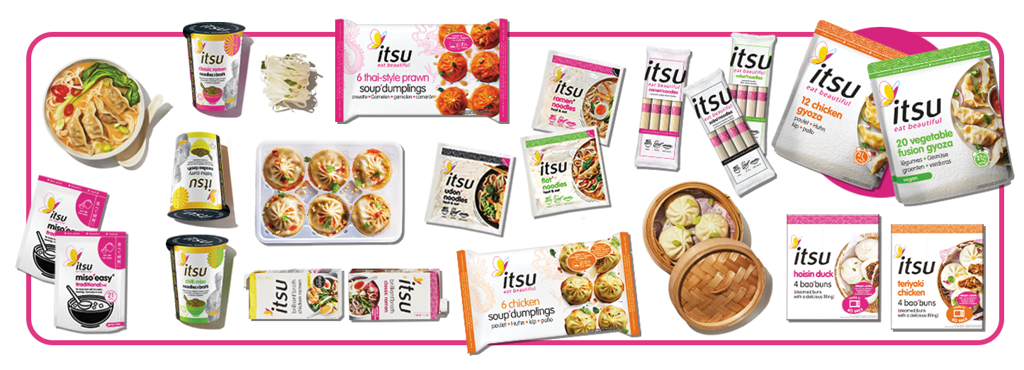 A vibrant display of various itsu brand food products, including dumplings, noodles, and snacks.