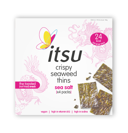 White box of Itsu crispy seaweed thins, sea salt flavor, with a butterfly logo.