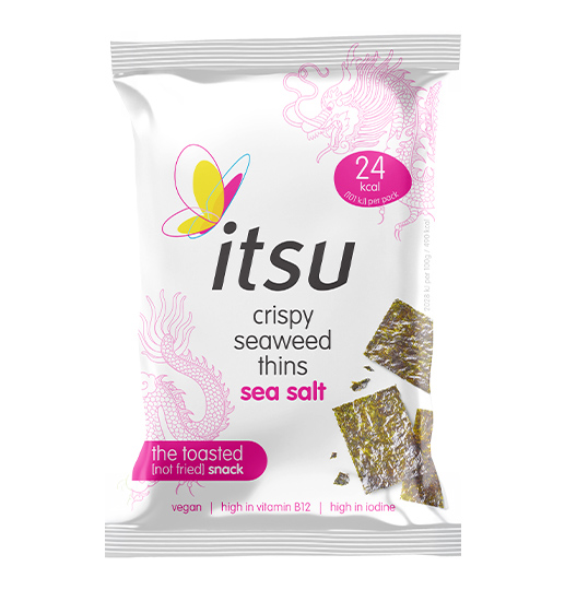 Itsu crispy seaweed thins, sea salt flavored, in a white and pink packet.