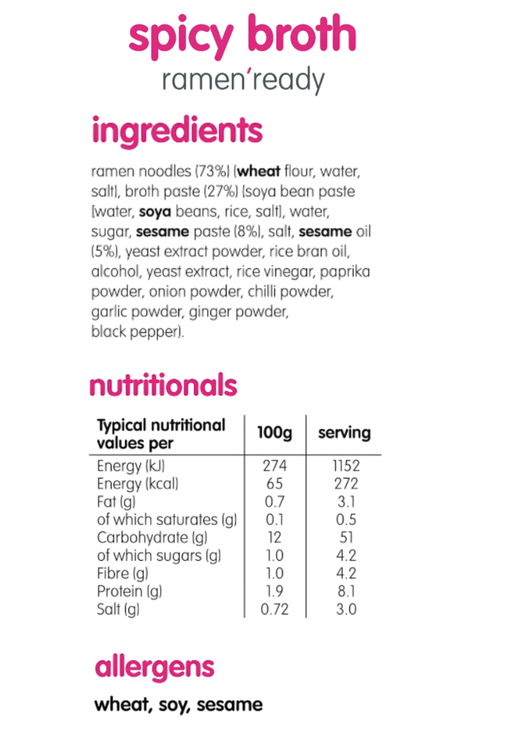 Food label for 'spicy broth ramen'ready' showing ingredients, nutritionals, and allergens.