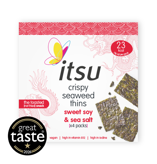itsu crispy seaweed thins sweet soy & sea salt package with scattered seaweed.