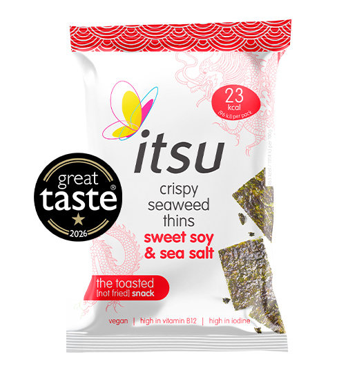 itsu crispy seaweed thins sweet soy & sea salt packet with a 'great taste' award.