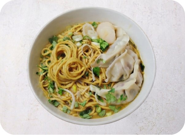 A bowl of yellow noodles with dumplings, green onions, and sprouts in a savory broth.
