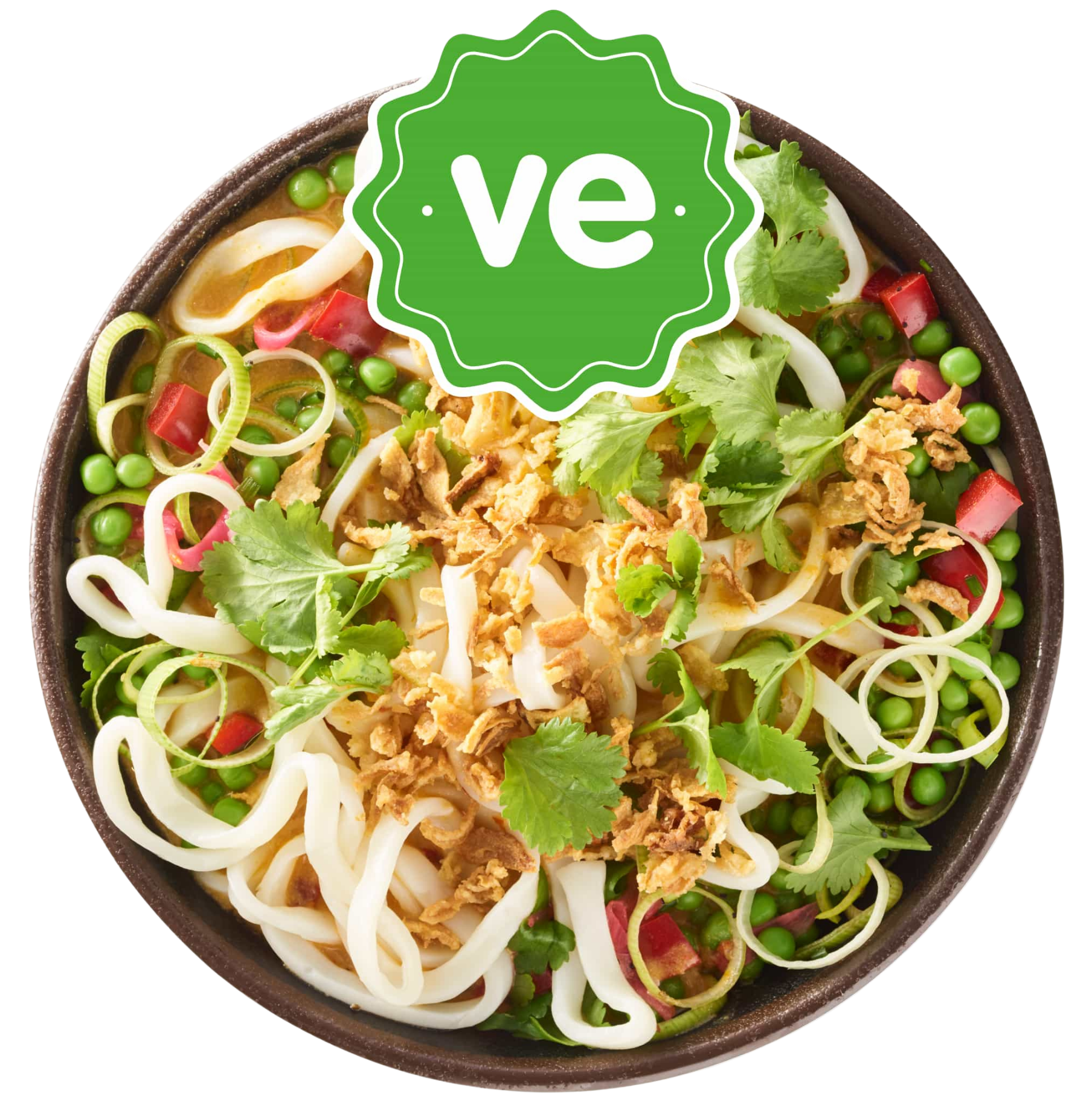 A bowl of vegan noodles with peas, spring onions, cilantro, and crispy fried onions.