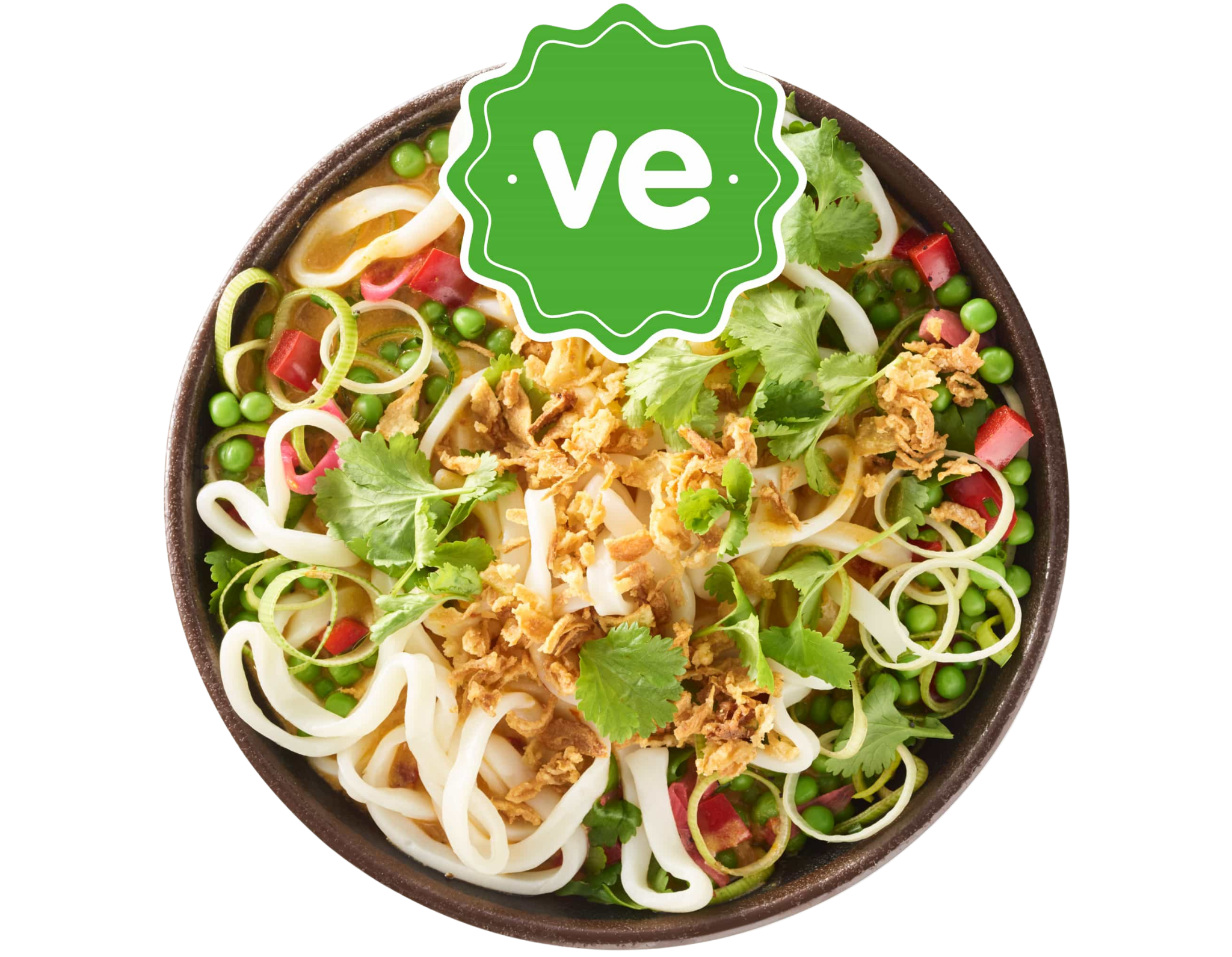 Bowl of savory vegan udon noodles with peas, peppers, cilantro, and crispy fried onions.