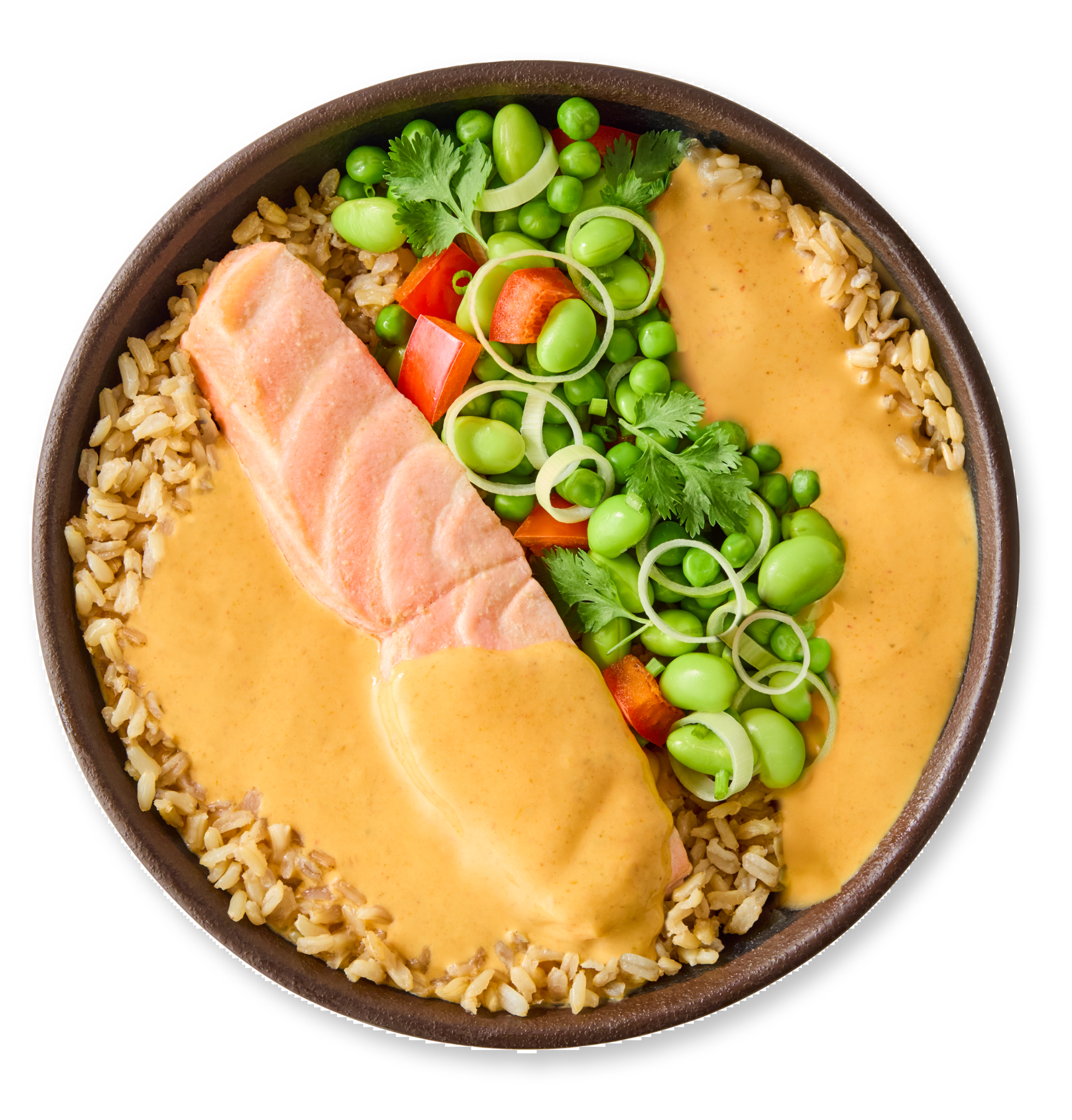A colorful poke bowl with salmon, edamame, and vegetables on a bed of rice.