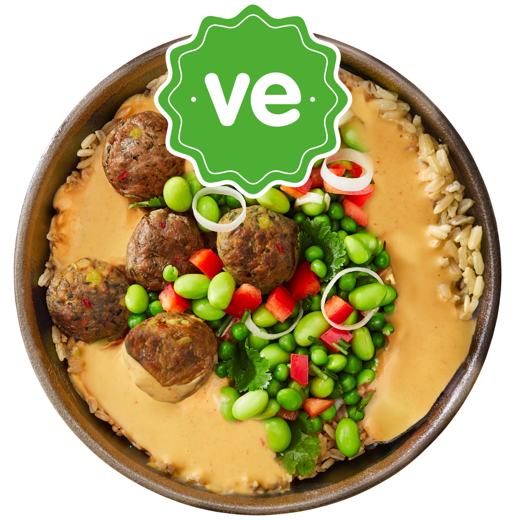 Vegan power bowl with plant-based meatballs, edamame, peppers, creamy sauce, and 've' label.