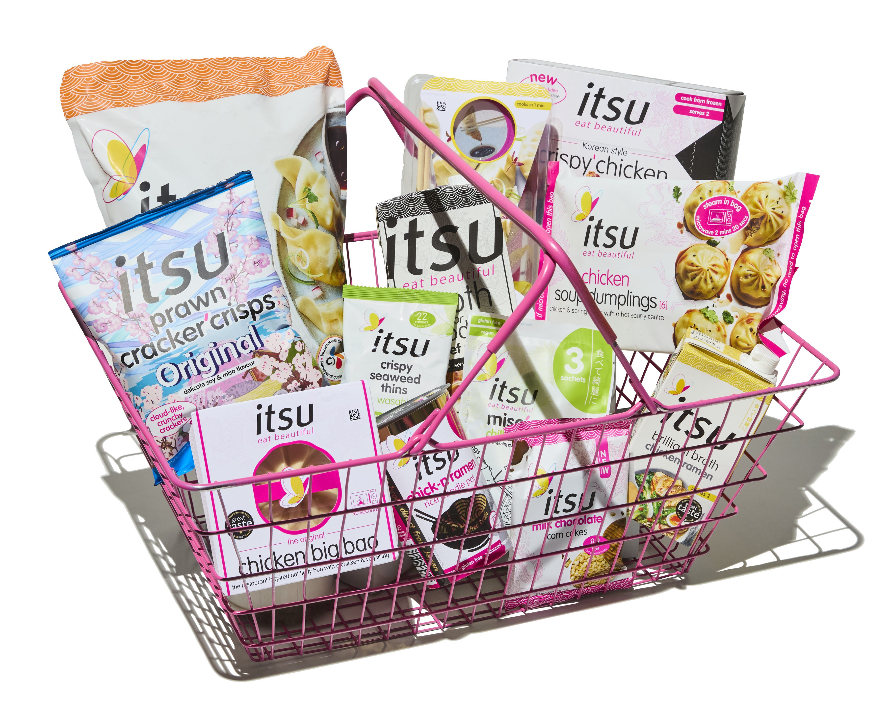 A pink wire basket overflowing with a variety of Itsu brand ready meals, snacks, and ingredients.