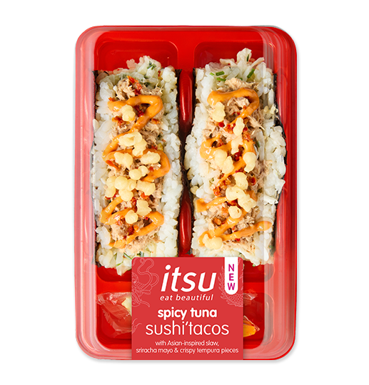 Two spicy tuna sushi tacos in a red container with 'itsu' branding on the label.