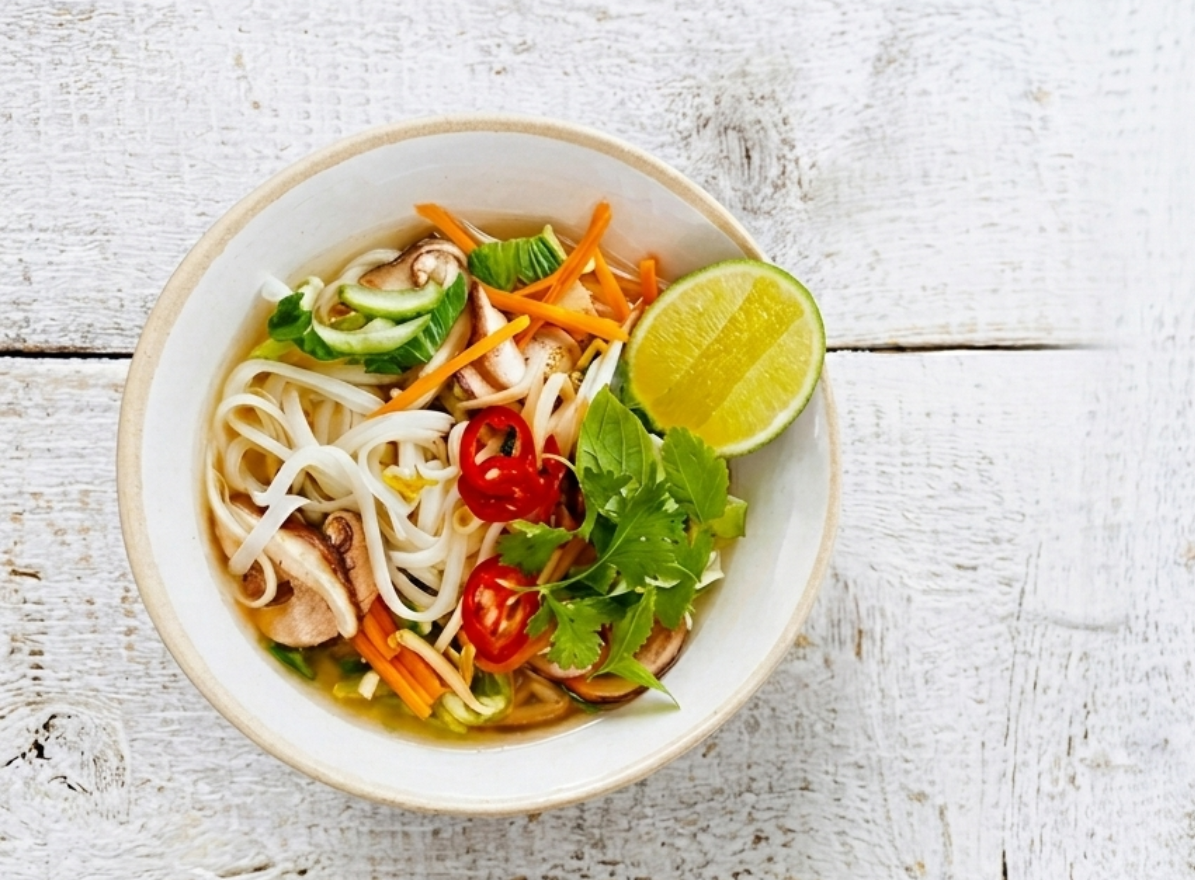 Bowl of noodle soup with mushrooms, carrots, chili, herbs, and a lime wedge.
