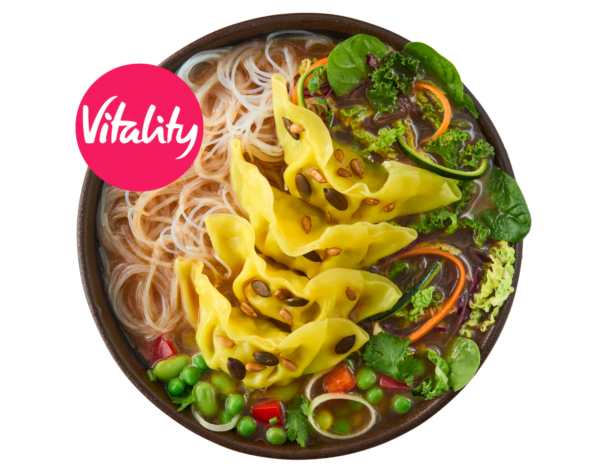Noodle soup bowl with wontons, rice noodles, green vegetables, and 'Vitality' brand logo.