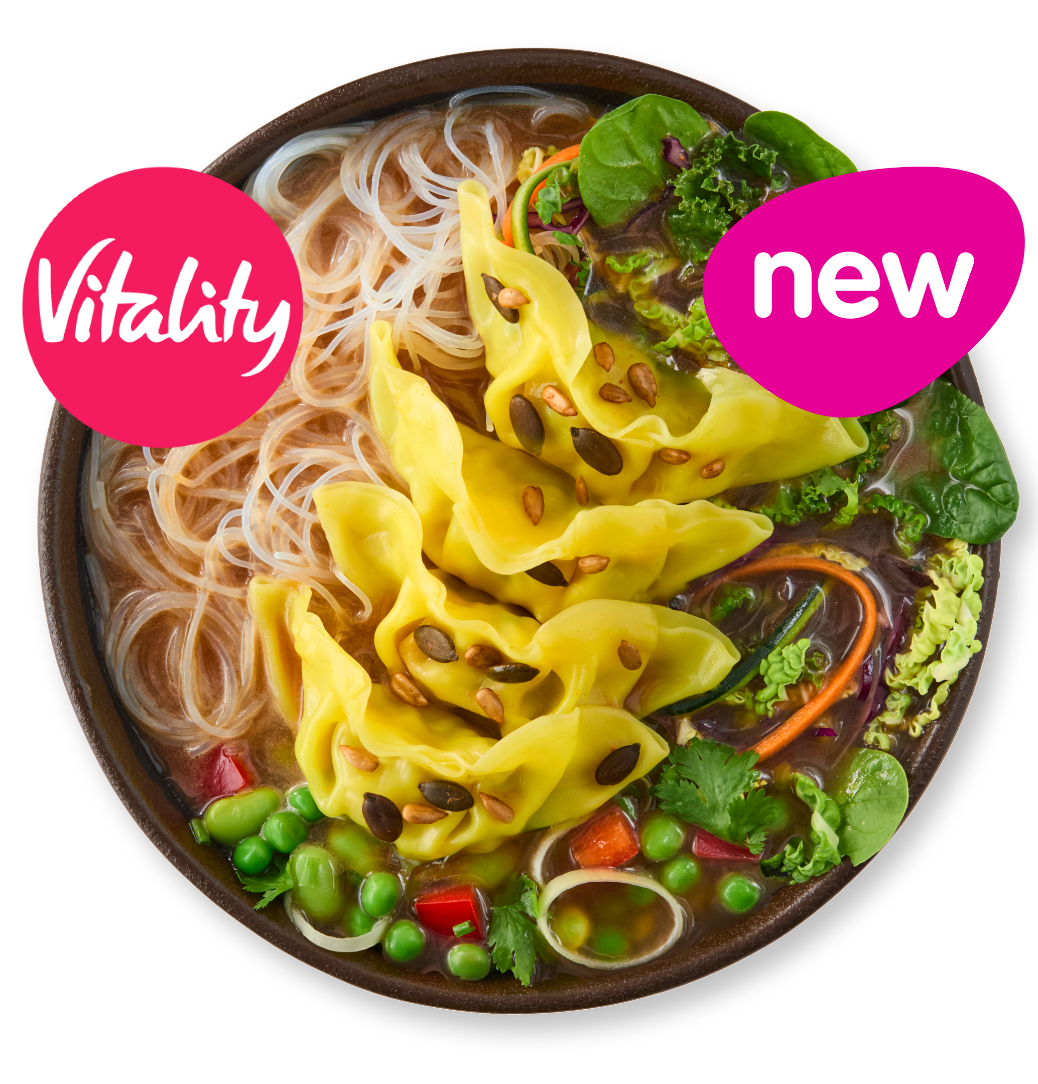 Vitality new noodle dish with yellow dumplings, greens, and peas in a bowl.