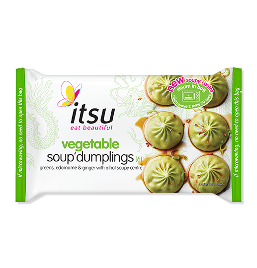 itsu vegetable soup dumplings package displaying six green dumplings sprinkled with red flakes.