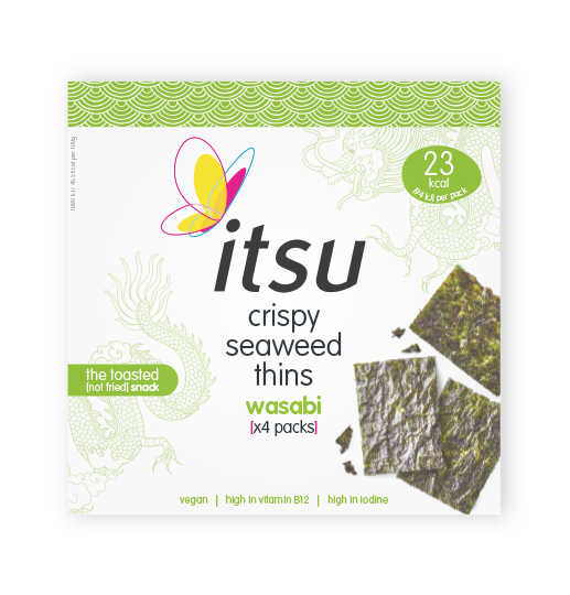 itsu crispy seaweed thins wasabi flavor package with green butterfly logo.
