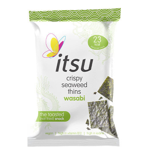 itsu crispy seaweed thins wasabi snack packet with a butterfly logo.