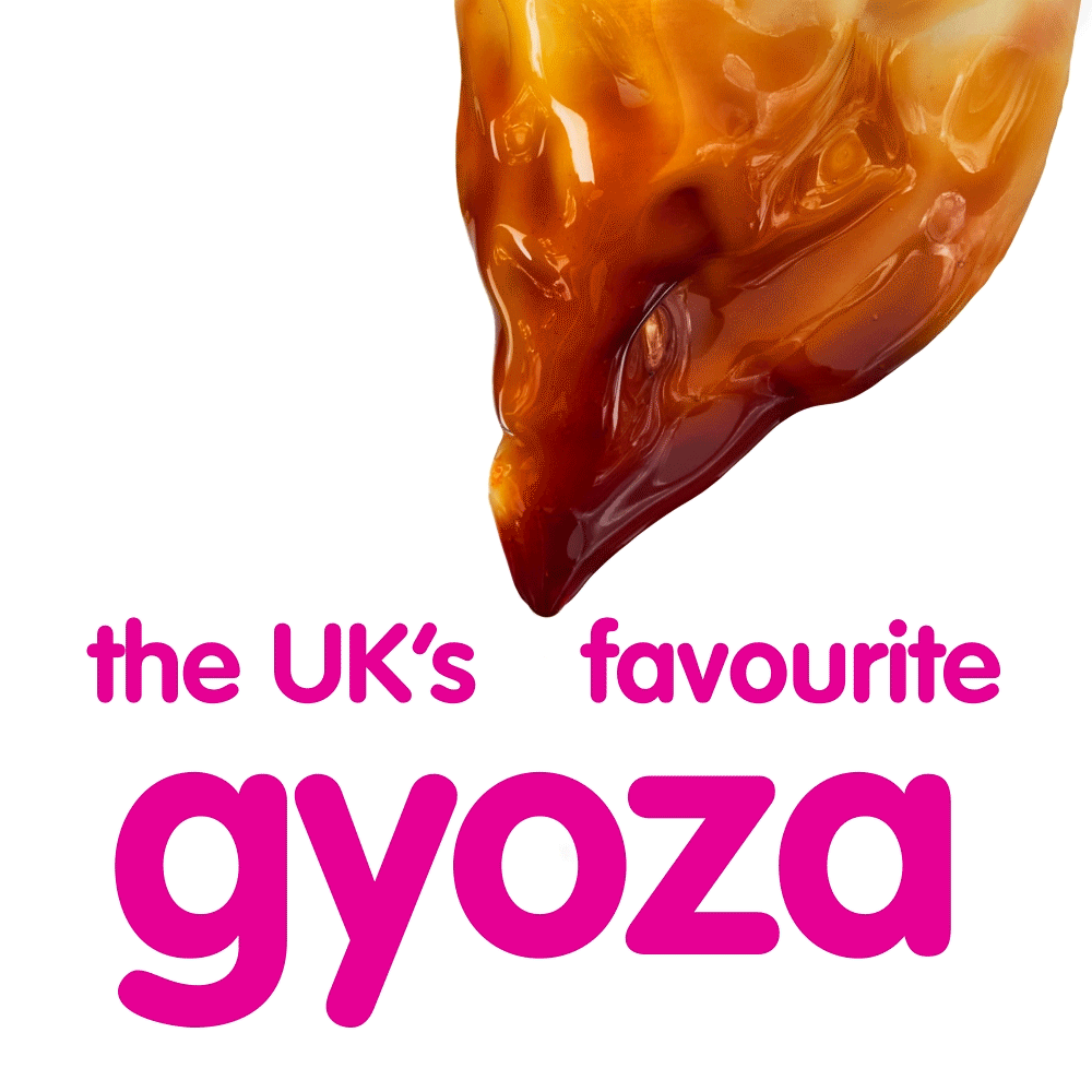A saucy gyoza over text stating 'the UK's favourite gyoza' in prominent pink font.