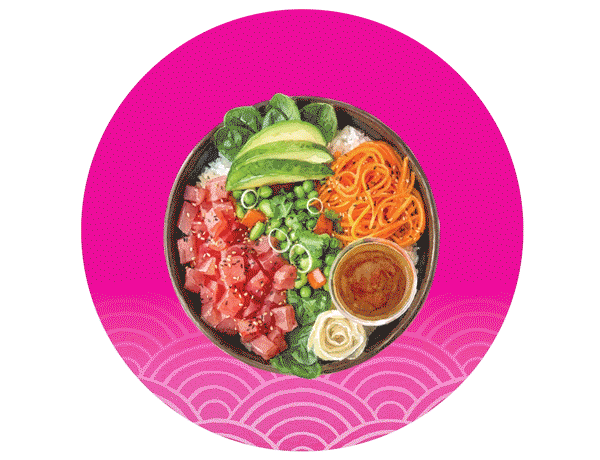 Colorful poke bowl featuring diced tuna, avocado, shredded carrots, and green edamame.