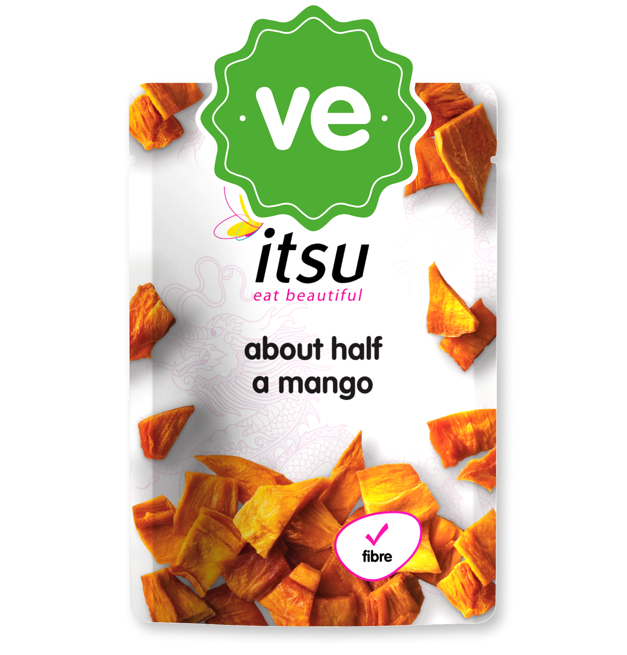 Itsu brand packet of dried mango pieces with 'about half a mango' on the front.